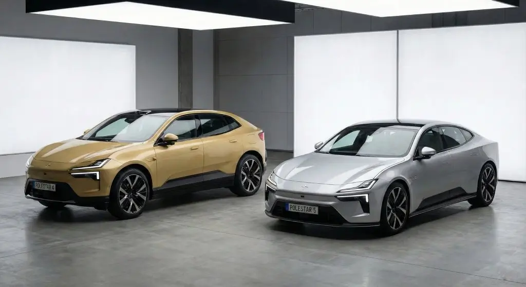 Comparaison visuelle : Polestar 4 (SUV coupé doré) à côté de la Polestar 5 (Berline GT grise), montrant la différence de hauteur